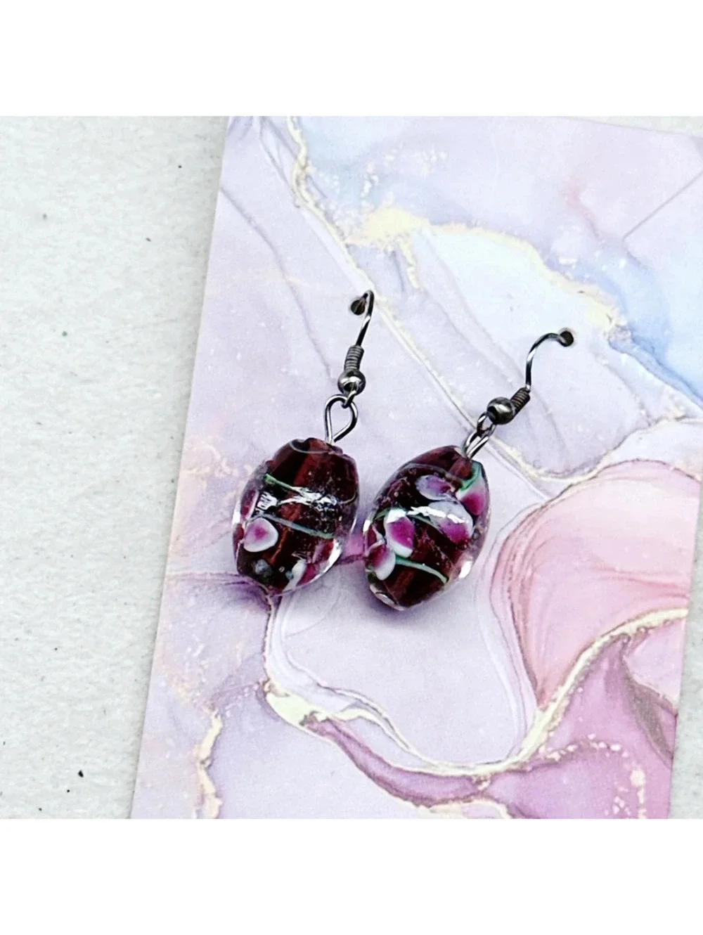3016u. Purple Flower Earrings Glass